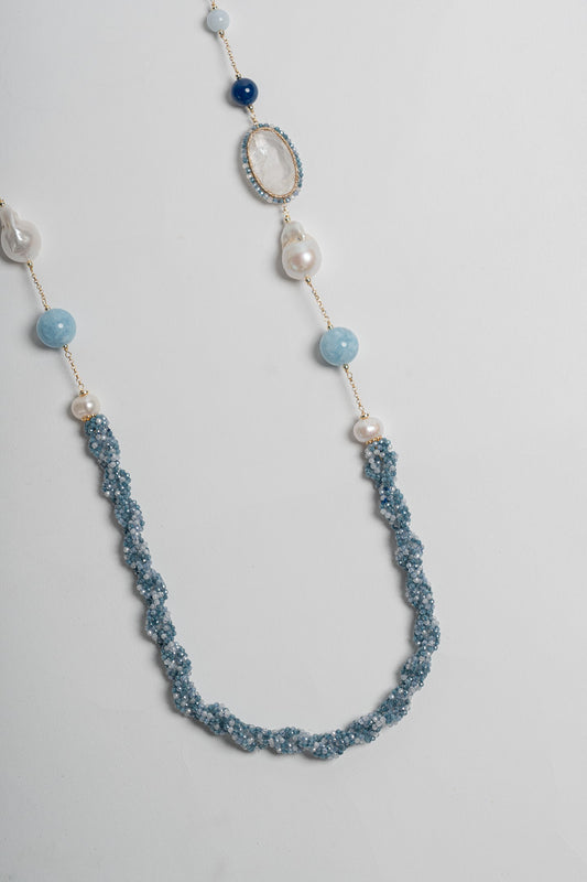 SICYLUI - COLLANA LUNGA AGATA AZZURRA E CRISTALLO DI ROCCA BIANCO
