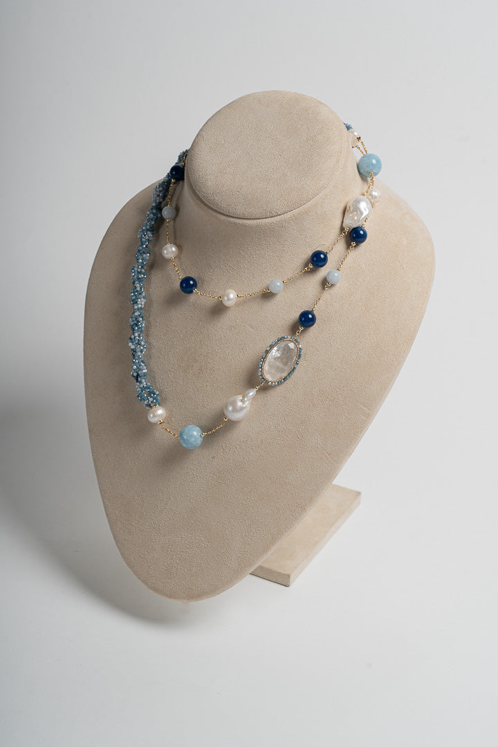 SICYLUI - COLLANA LUNGA AGATA AZZURRA E CRISTALLO DI ROCCA BIANCO