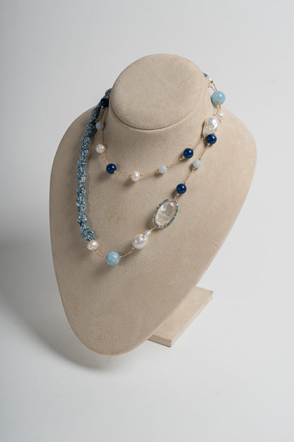 SICYLUI - COLLANA LUNGA AGATA AZZURRA E CRISTALLO DI ROCCA BIANCO