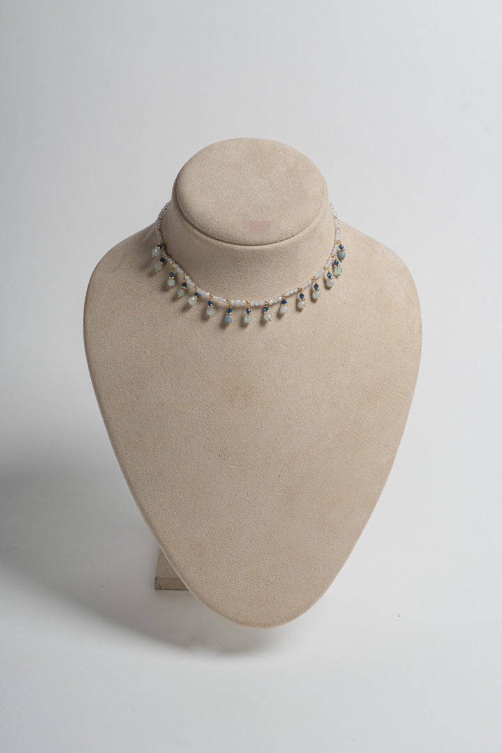 SICYLUI - COLLANA CHOCKER CON ZIRCONI BIANCHI ED ACQUAMARINA PENDENTE