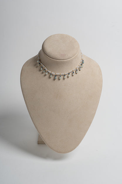 SICYLUI - COLLANA CHOCKER CON ZIRCONI BIANCHI ED ACQUAMARINA PENDENTE
