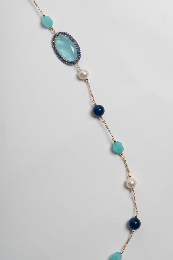 SICYLUI - COLLANA LUNGA CRISTALLO DI ROCCA VERDE MARE, PERLE E ZIRCONII