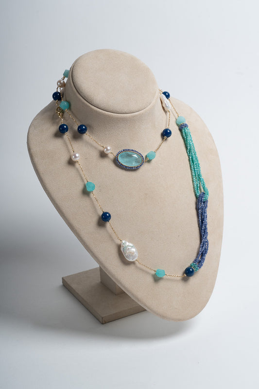 SICYLUI - COLLANA LUNGA CRISTALLO DI ROCCA VERDE MARE, PERLE E ZIRCONII