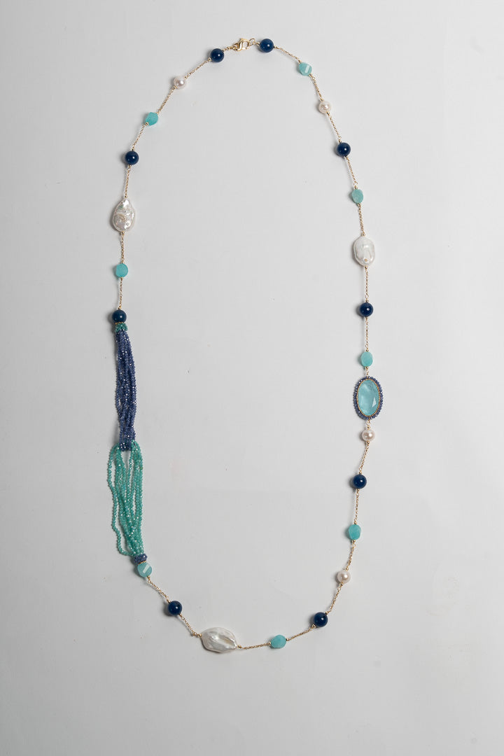 SICYLUI - COLLANA LUNGA CRISTALLO DI ROCCA VERDE MARE, PERLE E ZIRCONII