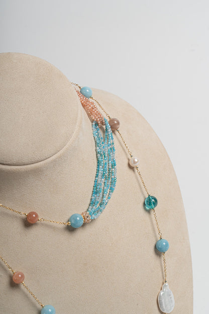 SICYLU - LONG ROCK CRYSTAL, AZURE, AND SUNSTONE NECKLACE