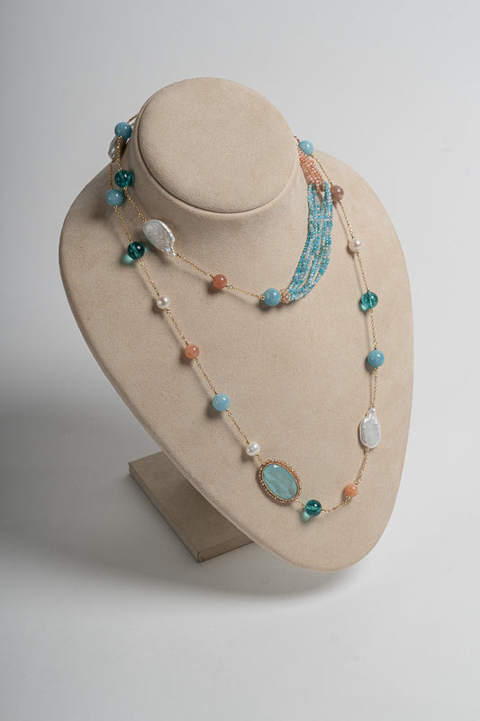 SICYLU - LONG ROCK CRYSTAL, AZURE, AND SUNSTONE NECKLACE