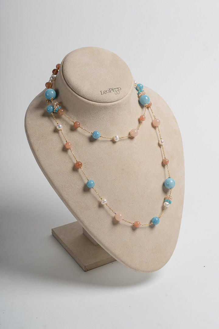 SICYLUI - COLLANA LUNGA CON GIADA AZZURRA E BEIGE, PERLE E ZIRCONI