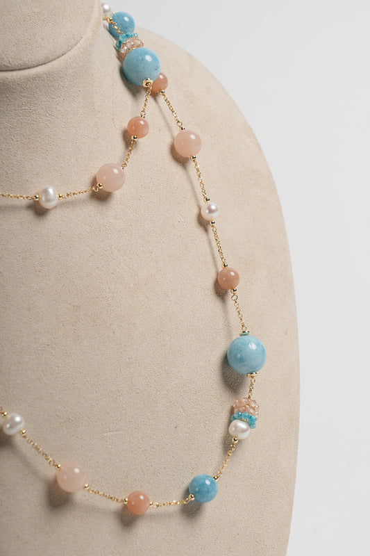 SICYLUI - LONG NECKLACE WITH BLUE AND BEIGE JADE, PEARLS AND ZIRCONS