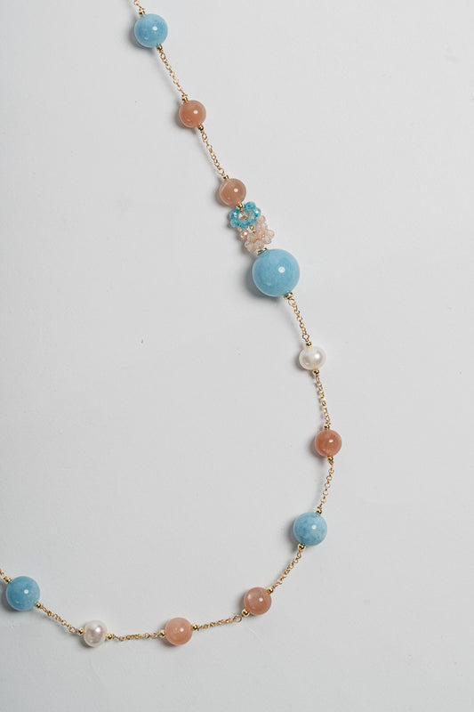 SICYLUI - LONG NECKLACE WITH BLUE AND BEIGE JADE, PEARLS AND ZIRCONS