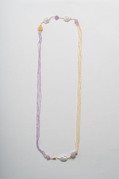 SICYLUI - COLLANA LUNGA CON ZIRCONI GIALLI E LILLA CON PERLE SCARAMAZZE