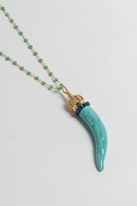 SICYLUI - COLLANA CON CORNO IN CERAMICA TIFFANY E CORONA CON ZIRCONI BIANCHI