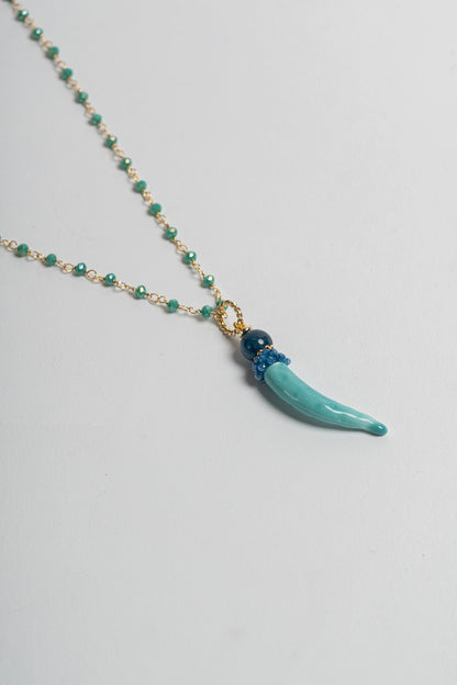 SICYLUI - COLLANA CON CORNO PICCOLO IN CERAMICA TIFFANY E GIADA BLU