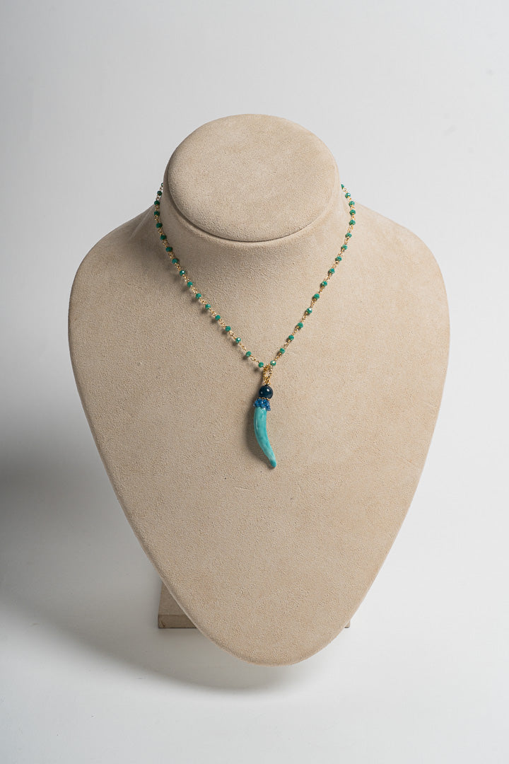 SICYLUI - COLLANA CON CORNO PICCOLO IN CERAMICA TIFFANY E GIADA BLU