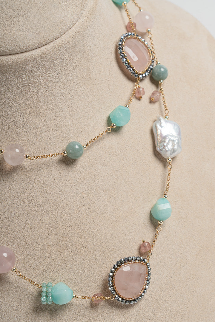 SICYLUI - LONG NECKLACE WITH AMAZONITE AND ROSE QUARTZ