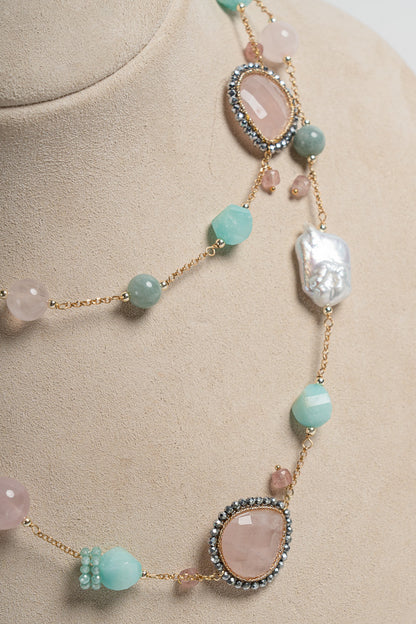SICYLUI - LONG NECKLACE WITH AMAZONITE AND ROSE QUARTZ