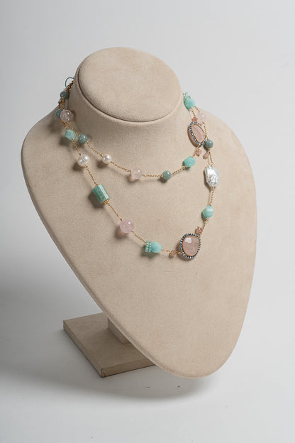 SICYLUI - LONG NECKLACE WITH AMAZONITE AND ROSE QUARTZ