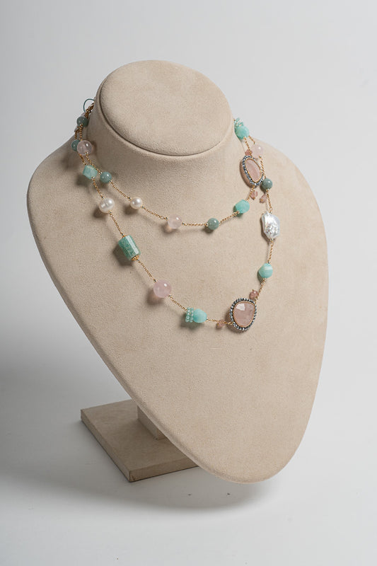 SICYLUI - LONG NECKLACE WITH AMAZONITE AND ROSE QUARTZ