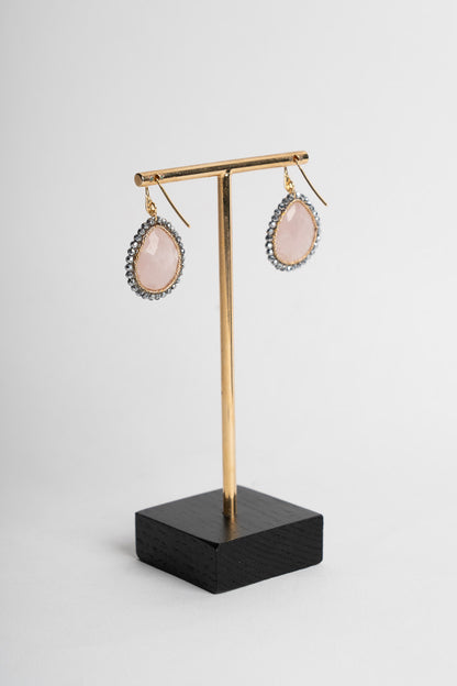 SICYLUI - ORECCHINI PENDENTI IN ARGENTO DORATO CON QUARZO ROSA ED EMATITE