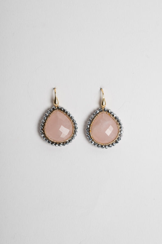SICYLUI - ORECCHINI PENDENTI IN ARGENTO DORATO CON QUARZO ROSA ED EMATITE