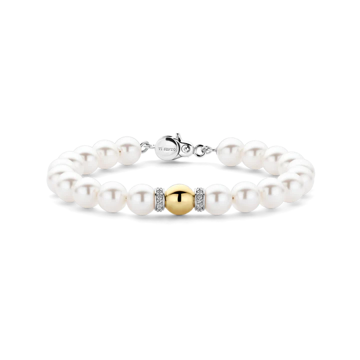 TI SENTO - BRACCIALE PERLE CON CENTRALE ARGENTO DORATO E ZIRCONI