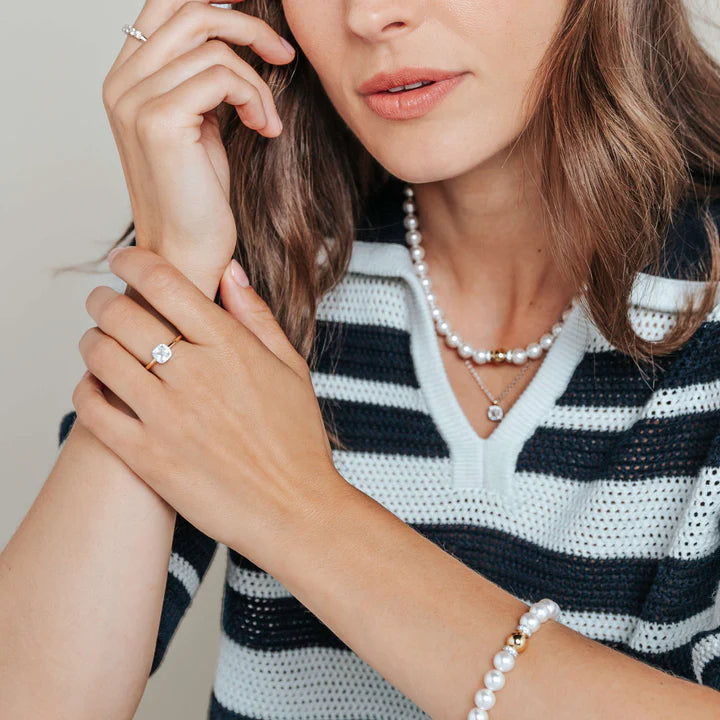 TI SENTO - BRACCIALE PERLE CON CENTRALE ARGENTO DORATO E ZIRCONI