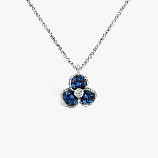 COLLANA CON PENDENTE TRIFOGLIO ORO BIANCO DIAMANTI E ZAFFIRI