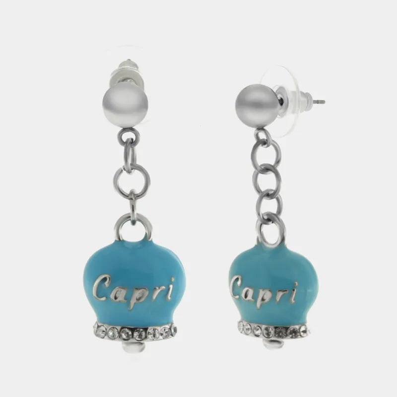 AMO CAPRI - ORECCHINI CON CAMPANELLE CAPRI PENDENTI SMALTO TURCHESE E CRISTALLI