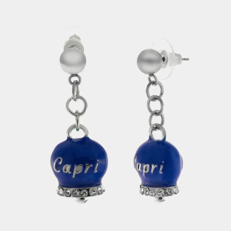AMO CAPRI - ORECCHINI CON CAMPANELLE PENDENTI BLU E CRISTALLI