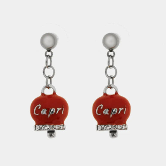 AMO CAPRI - ORECCHINI IN ACCIAIO CON CAMPANELLA ROSSA E SCRITTA CAPRI