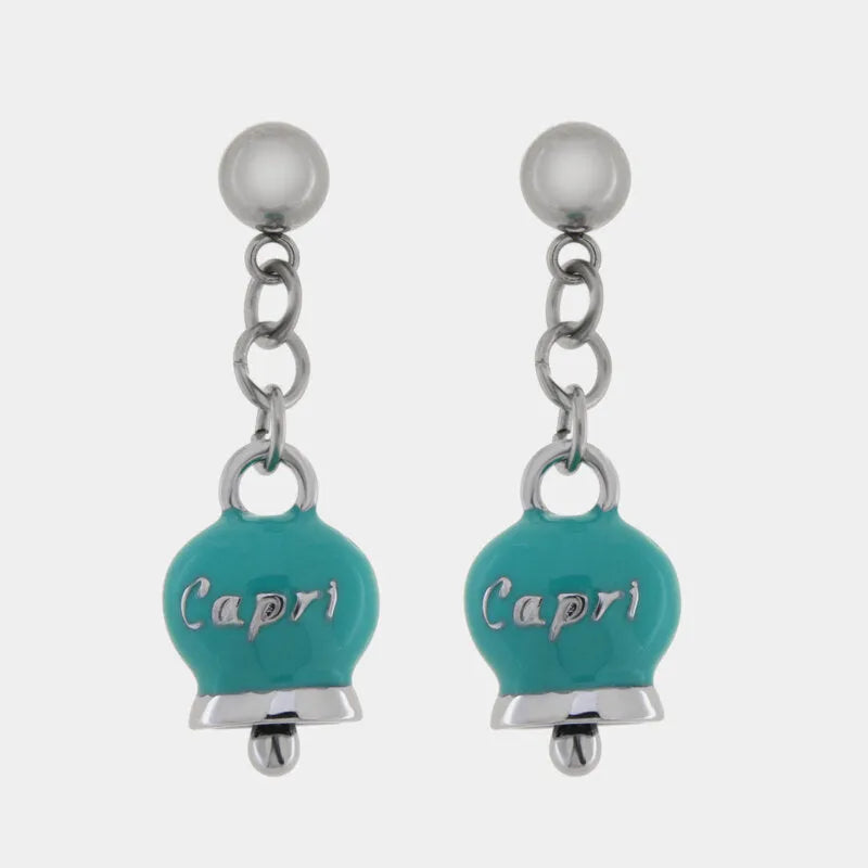 AMO CAPRI - ORECCHINI CON CAMPANELLE PENDENTI MINI SMALTO TIFFANY E SCRITTA CAPRI
