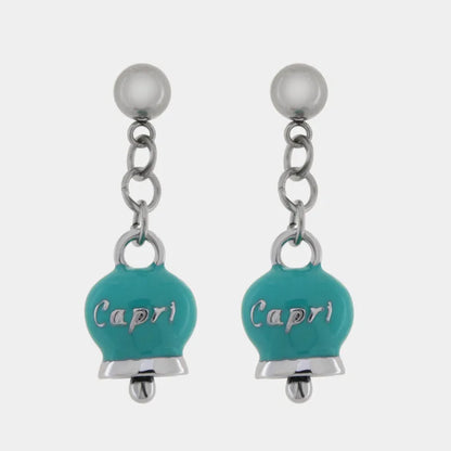 AMO CAPRI - ORECCHINI CON CAMPANELLE PENDENTI MINI SMALTO TIFFANY E SCRITTA CAPRI