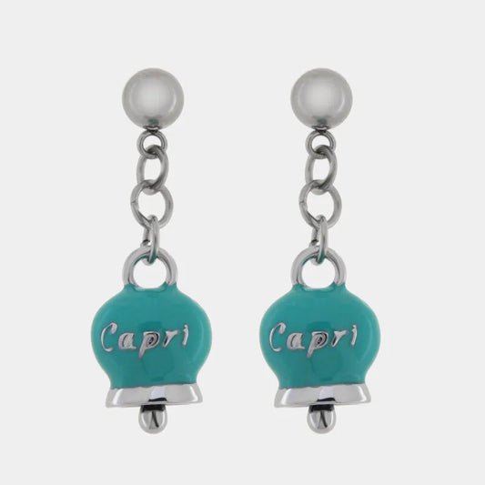 AMO CAPRI - ORECCHINI CON CAMPANELLE PENDENTI MINI SMALTO TIFFANY E SCRITTA CAPRI
