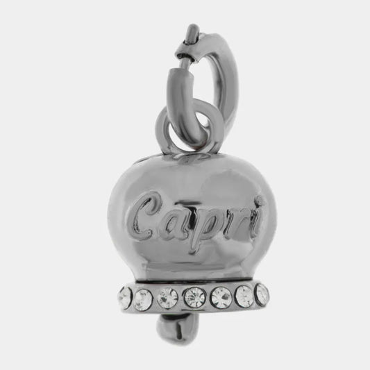 AMO CAPRI - CHARM CAMPANELLA IN ACCIAIO SCRITTA CAPRI E CRISTALLI