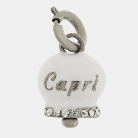 AMO CAPRI - CHARM CAMPANELLA RODIO SMALTO BIANCO SCRITTA CAPRI