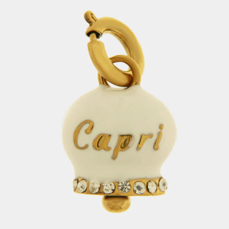 AMO CAPRI - CHARM CAMPANELLA DORATA SMALTO BIANCO SCRITTA CAPRI