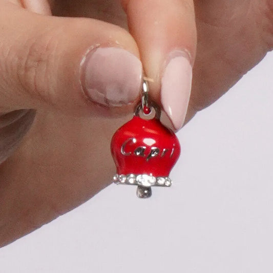 AMO CAPRI - CHARM CAMPANELLA RODIO SMALTO ROSSO SCRITTA CAPRI
