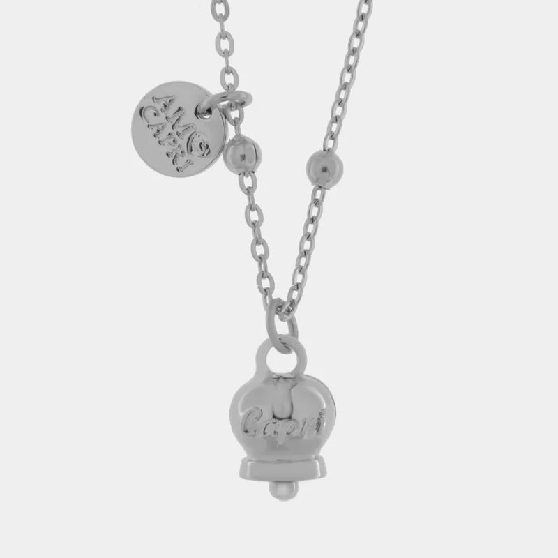 AMO CAPRI - COLLANA IN ACCIAIO RODIO CAMPANELLA SCRITTA CAPRI