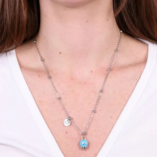 AMO CAPRI - COLLANA IN METALLO RODIO CAMPANELLA TURCHESE SCRITTA CAPRI