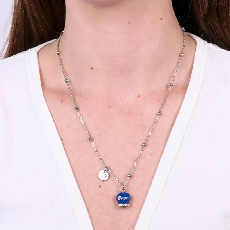 AMO CAPRI - COLLANA IN METALLO RODIO CAMPANELLA BLU SCRITTA CAPRI