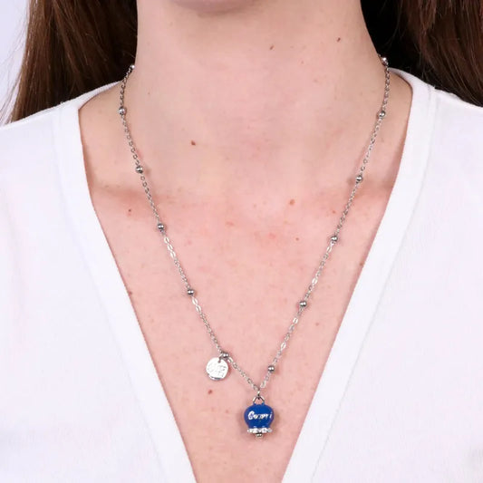 AMO CAPRI - COLLANA IN METALLO RODIO CAMPANELLA BLU SCRITTA CAPRI