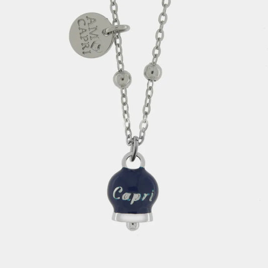 AMO CAPRI - COLLANA IN METALLO RODIO CAMPANELLA BLU SCRITTA CAPRI