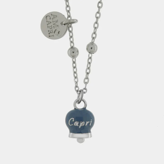 AMO CAPRI - COLLANA IN ACCIAIO CAMPANELLA AVIO SCRITTA CAPRI
