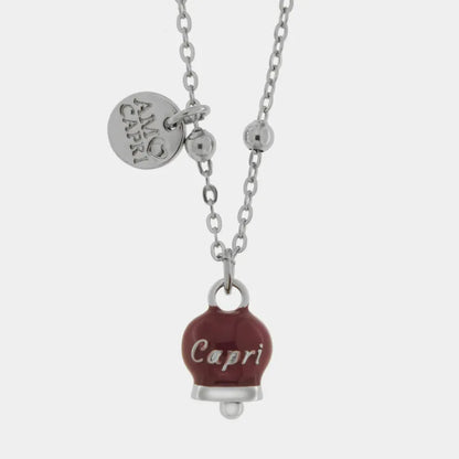 AMO CAPRI - COLLANA IN ACCIAIO CAMPANELLA MINI BORGOGNA SCRITTA CAPRI