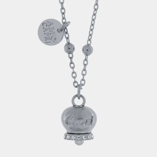AMO CAPRI - COLLANA IN ACCIAIO CAMPANELLA SCRITTA CAPRI CON CRISTALLI