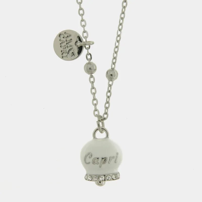 AMO CAPRI - COLLANA IN ACCIAIO CAMPANELLA BIANCA SCRITTA CAPRI CON CRISTALLI