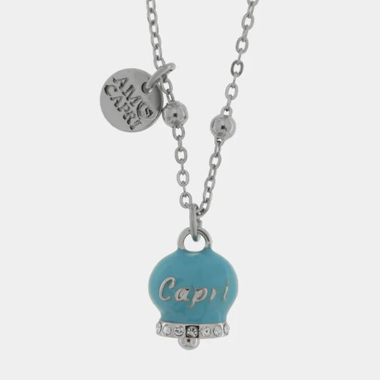 AMO CAPRI - COLLANA IN ACCIAIO CAMPANELLA TIURCHESE SCRITTA CAPRI CON CRISTALLI