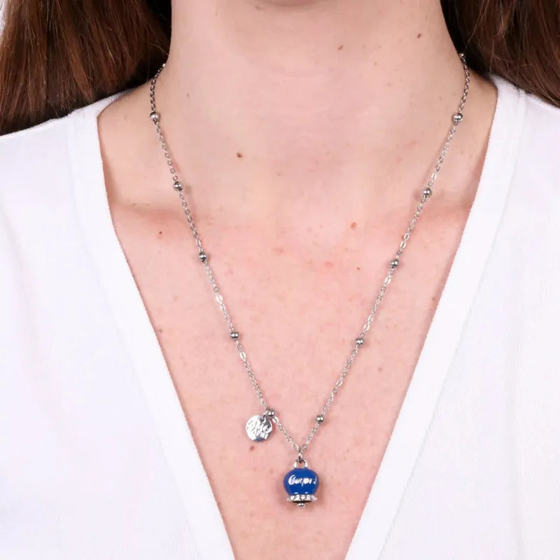 AMO CAPRI - COLLANA IN METALLO RODIO  CAMPANELLA BLU SCRITTA CAPRI CON CRISTALLI