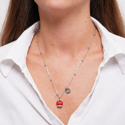 AMO CAPRI - COLLANA IN ACCIAIO CAMPANELLA ROSSA SCRITTA CAPRI CON CRISTALLI