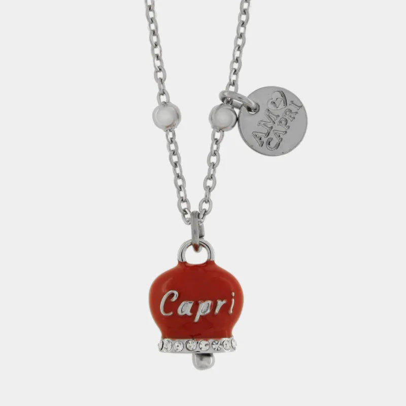 AMO CAPRI - COLLANA IN ACCIAIO CAMPANELLA ROSSA SCRITTA CAPRI CON CRISTALLI