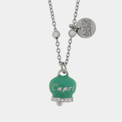 AMO CAPRI - STAINLESS STEEL TIFFANY BELL NECKLACE WITH CAPRI SCRIPT AND CRYSTALS